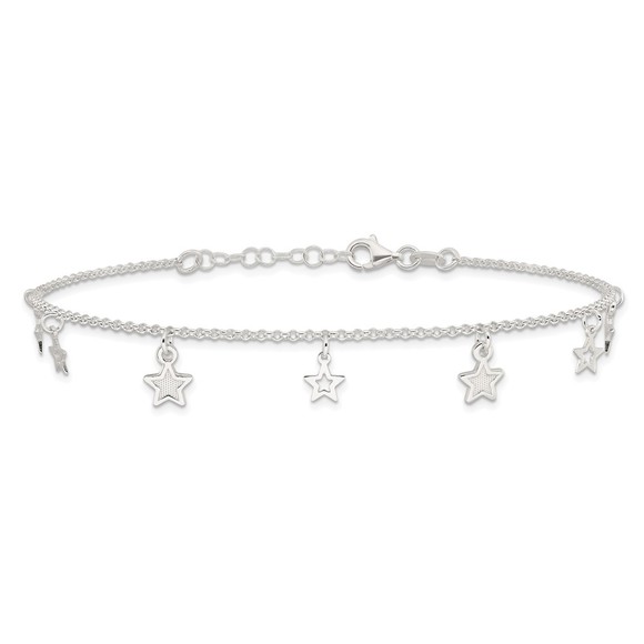 925 Sterling Silver Textured Star Charm 9" Plus 1" Ext. Fine Jewelry Anklet - Picture 4 of 8